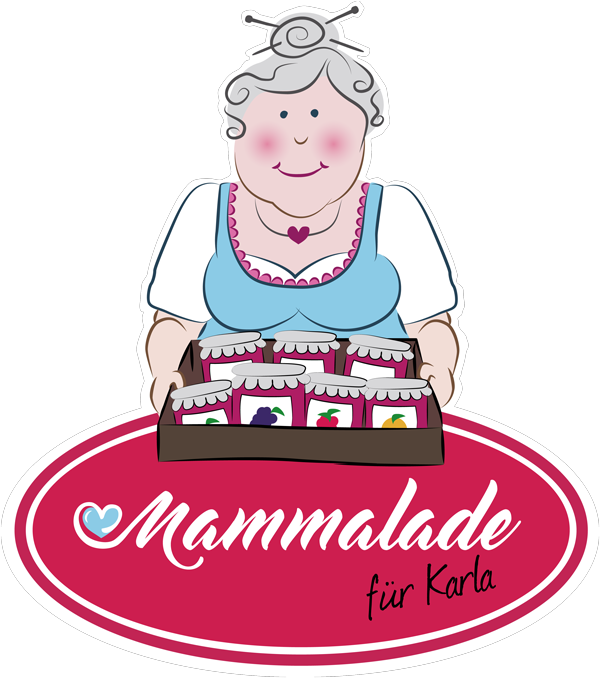 Logo der Organisation Mammalade für Karla zeigt eine alte Frau mit einem Bauchladen mit Marmeladen Gläsern bestückt. 